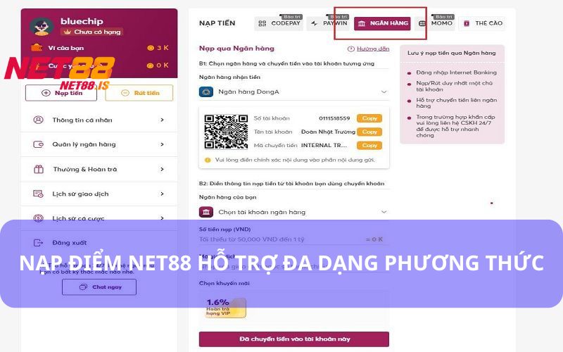 Hướng Dẫn Nạp Điểm Net88 Nhanh Chóng Và Lưu Ý Cần Nhớ 4 Nạp điểm Net88 có thể thực hiện bằng nhiều phương pháp khác nhau
